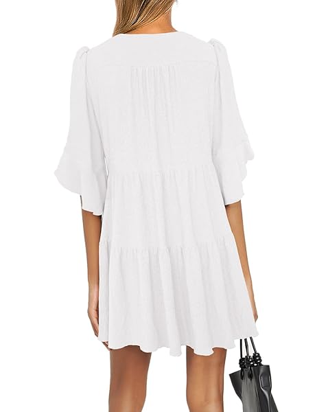 SEBOWEL WOMEN CASUAL SHORT SLEEVE V NECK PLEATED RUFFLE SHORT TIERED DRESS FLOWY MINI PARTY DRESS LOOSE SWING DRESS, WHITE, XXL