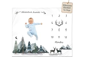 KEMINA BLANKETS Milestone Blanket for Baby Boy – Monthly Baby Blanket, Growth Tracker for Newborn, Woodland Nursery Decor, Mountain Adventure Theme, Includes Felt Frame, 50x40 Inches
