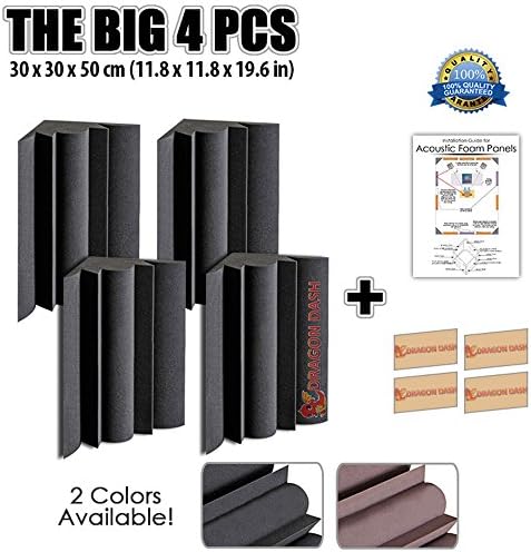 Dragon Dash (4 Pack) of 11.8" X 11.8" X 19.6" Inches Black Acoustic Soundproofing Bass Trap Foam Studio Treatment Wall Panel Tiles (BLACK)