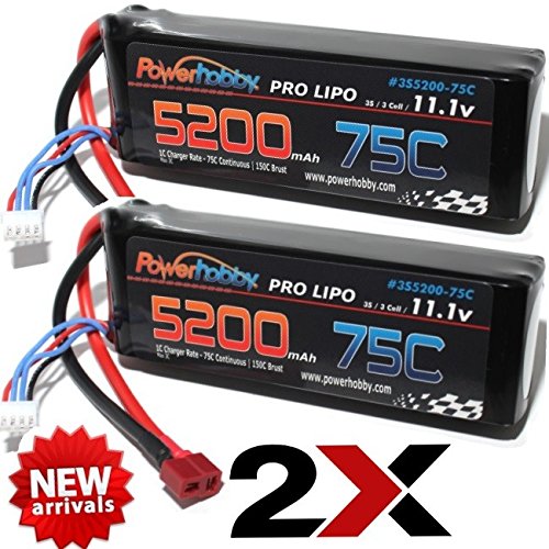 Powerhobby 3s 11.1v 5200mah 75c lipo battery 2 pack w d…