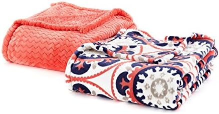 Velvet Plush 2-Pack Oversized Lounge Throws, 60" x 70" (Coral and Suzani)