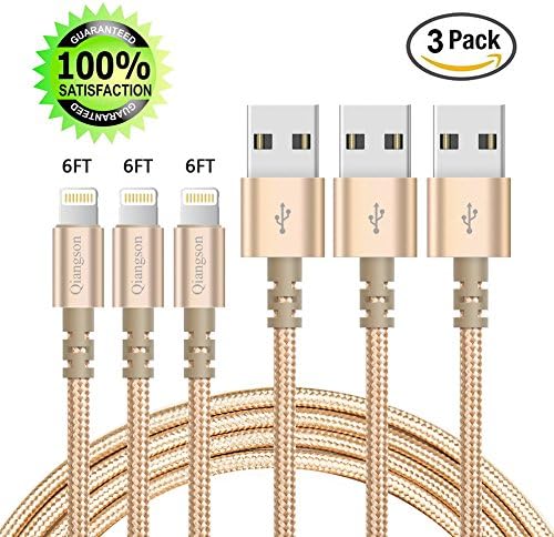 Lightning Cable 3 Pack 6 ft Nylon Braided Charging Cable Cord with Compatible for iPhone 7 Plus/7/6 Plus/6S/6S Plus/6 Plus/6/5S/5C/5,iPad air/air 2,iPad mini/mini 2 and more(Gold)