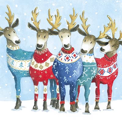 The Almanac Gallery Pack of 6 Artistic Charity Christmas Cards - 'Reindeer Knits' - 6 Cards of 1 Illustrated Design - From The Great British Card Company