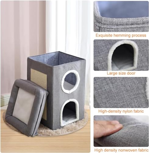 Nyganmelloz Foldable Cat House,2-Storey Indoor Large Cats Cave Kitten Beds Covered Bed Furniture Tree with Scratch Pad Hideaway Cave, Kitty Tunnel Sleeping Cute Modern Cat Condo Stool Play