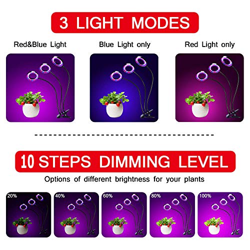 Grow Light, Plant Lights for Indoor Plants, Auto ON/Off Timing Plant Grow Lamp with Red, Blue Spectrum, 10 Dimmable Levels, 3-Head Divide Control Flexible Gooseneck Arm (30W Red Blue Spectrum - Round) - Thumbnail 2