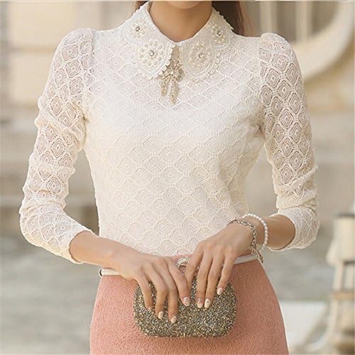 Wpcheng Women Lace blouses spring&autumn New Fashion Elegant White Long Sleeve chiffon Blouse Korean Style Women Shirt White S