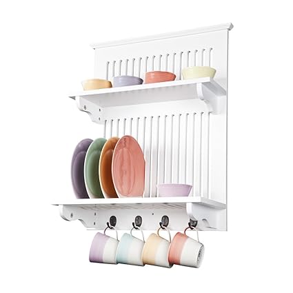 Aston White Kitchen Plate Rack Wooden And Wall Mounted Solid Top