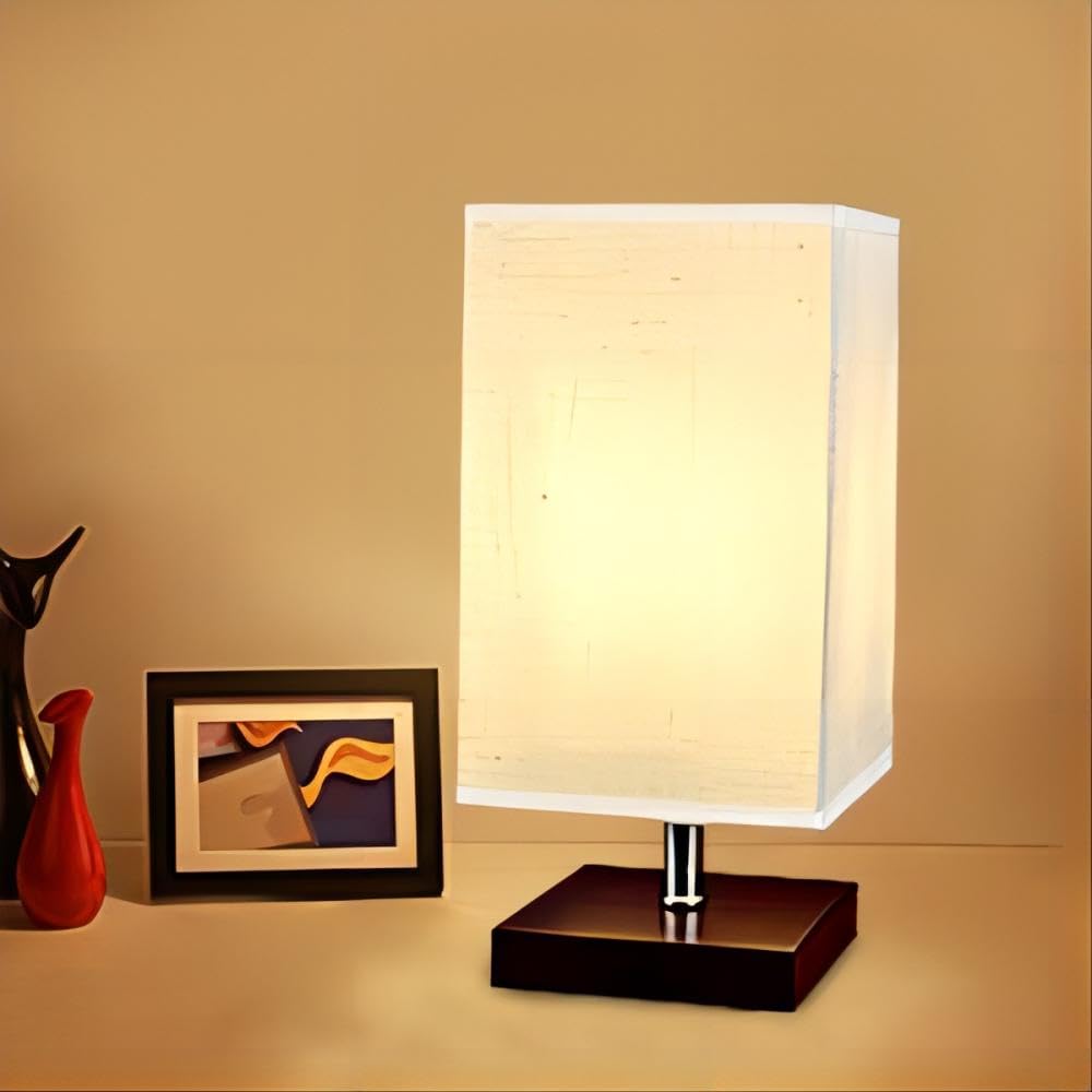 Depuley Bedroom Table Lamp Bedside LED Lights Square Desk Lamp Beige Fittings with Fabric Shades and Solid Wood Base, Nightstand for Living Room Modern, Office, Kids (4W E27 Bulb Included) — image 1