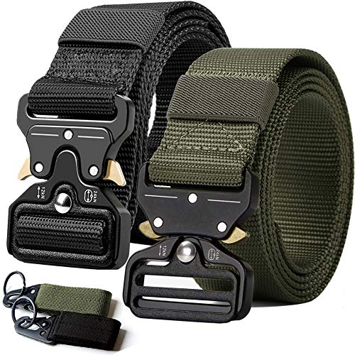 2PCS Tactical Belt,Military Style Webbing Riggers Web Gun Belt with Heavy-Duty Quick-Release Metal Buckle With 2 Keychains