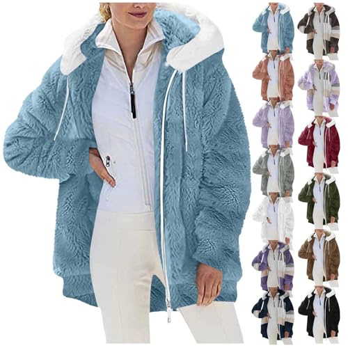 peiaclkde Winter Jackets For Women Uk Sherpa Fleece Winter Coats Full Zip Hoodie With Pockets Solid Fuzzy Hooded Coats Thermal Sweatshirt Fluffy Jumper Oversized Overcoat Lightweight Cardigan