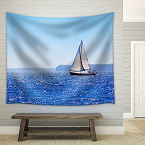 Blue Mediterranean Sailboat Sailing in Perfect Ocean at San Antonio Cape - Fabric Wall Tapestry Home Decor - 51x60 inches