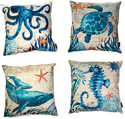 Pillows and More Sea Life Throw Square Cushion Cover | Pack Of 4 | Mediterranean Style Pillow Case | Blue Ocean Theme | Cotton-Linen Fabric | Home Décor |Octopus-Seahorse-Whale-Beach Turtle