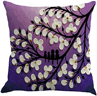 SYH003 Oil Painting Black Large Tree and Flower Birds Linen Throw Pillow Covers Decorative Pillowcase Cushion Cover 18 x18 Inch (Purple)