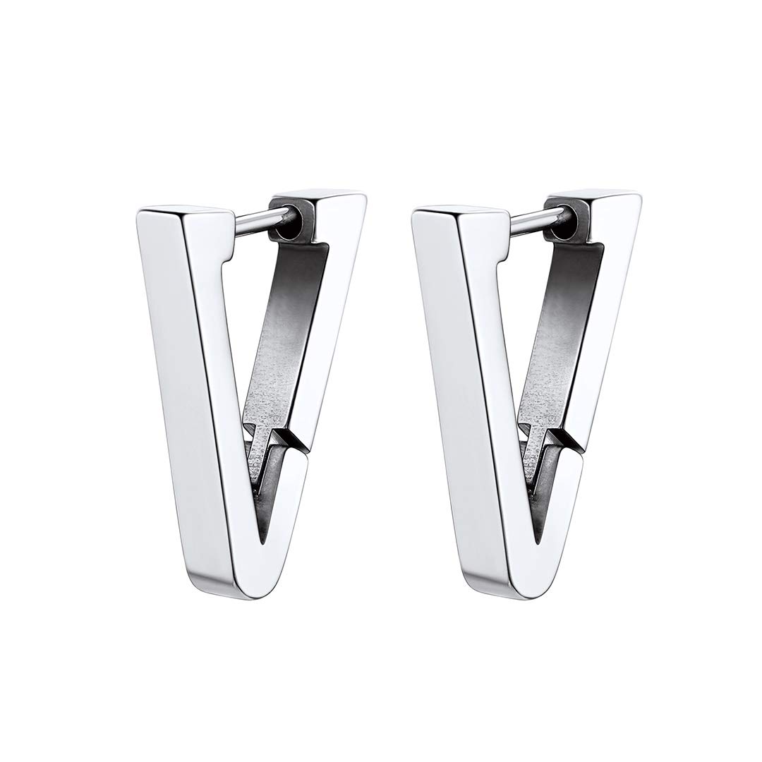 GoldChic Silver Huggie Earrings for Men Stainless Steel Triangle Small Stud Punk Pierced Hypoallergenic Earring Cool Men's Jewellery For Son Boyfriend