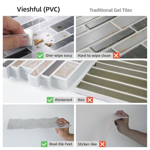 Vieshful 10 Pieces Adhesive Kitchen Tiles 30 x 30 cm, Self-Adhesive PVC Marble Effect Tiles, Kitchen and Bathroom Splash Protector, Wall Cladding Without Works Marble Black-Grey