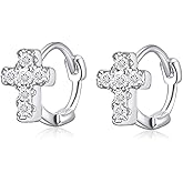 Cross Earrings Cubic Zirconia Cartilage Small Hinged Huggie Hoop Earrings for Women Girls S925 Sterling Silver Tiny CZ Tragus Stud Helix Upper Ear Dainty Crystal Jewelry Christmas Gifts