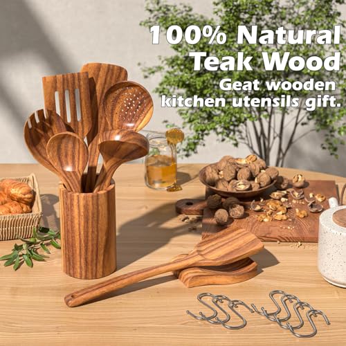 CENXI Wooden Cooking Spoons, Cooking Utensils 9 pcs, Natural Teak Wooden Cooking Spatulas, with Utensils Holder and 7Hooks, Comfort Grip Wooden Kitchen Utensils for Nonstick Cookware (9pcs&hook)