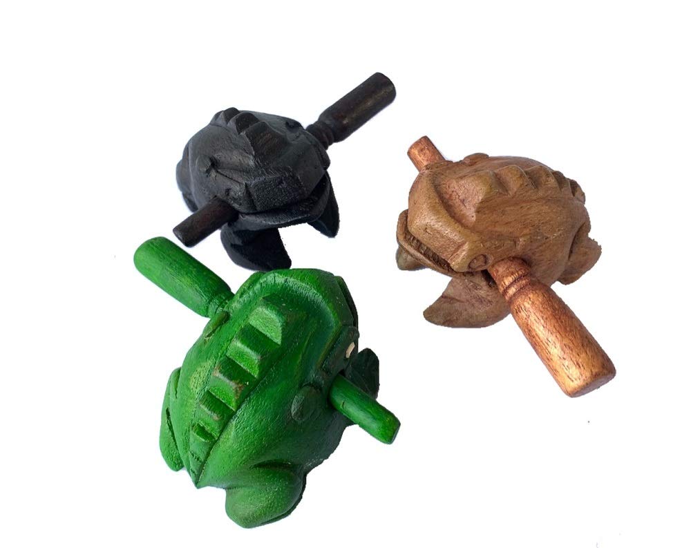 Guiros Percussion Wooden Frog Musical Instrument - 3 Pieces Set of 2.5-2.75 Inch Small Wood Carving Black Frogs