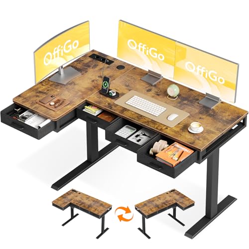 OffiGo Eckschreibtisch Höhenverstellbar mit 4 Schublade, 140 x 80cm, Braun