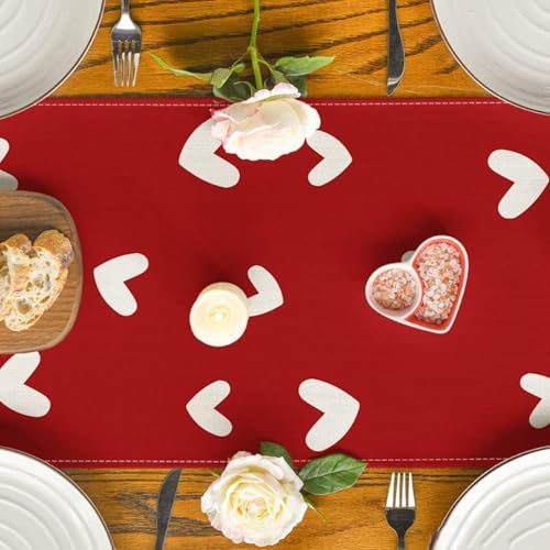 Valentines Table Runners With Red Heart Love, Table Runner, 120x33 Cm Linen Table Cloth,For Valentine'S Day Party Decor, Wedding Anniversary Birthday Decor Holiday Home Decorations (D)