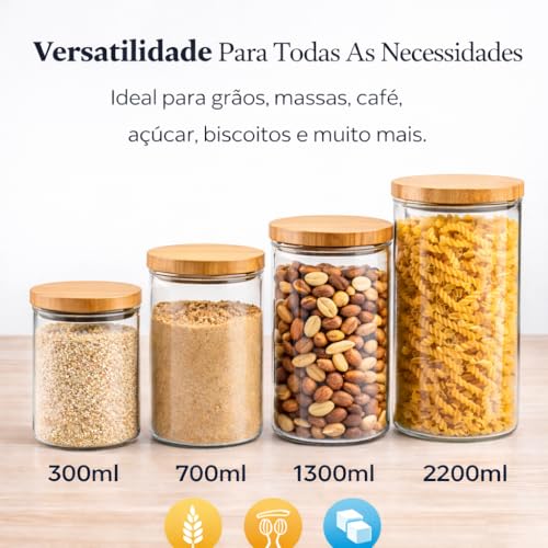Potes Hermeticos de Vidro Kit 4 Peças Porta Mantimentos Tampa de Bambu Organizadores de Cozinha 300ml 700ml 1300ml 2200ml Armazenamento de Grãos Café Massas Açúcar Bancada Elegante
