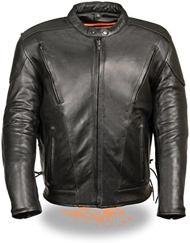 MENS MOTORCYCLE BLK VENTED SIDE LACE LEATHER JACKET W/2 GUN POCKETS UPTO 11X NEW (10XL Regular)