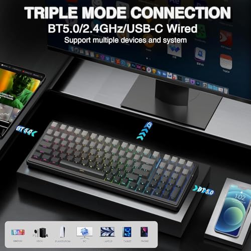 AULA F99 Mechanical Gaming Wireless Keyboard,Tri-Mode BT5.0/2.4GHz/USB-C Hot Swappable Custom RGB Backlit Creamy Computer Keyboard for PC/Tablet/PS/Xbox
