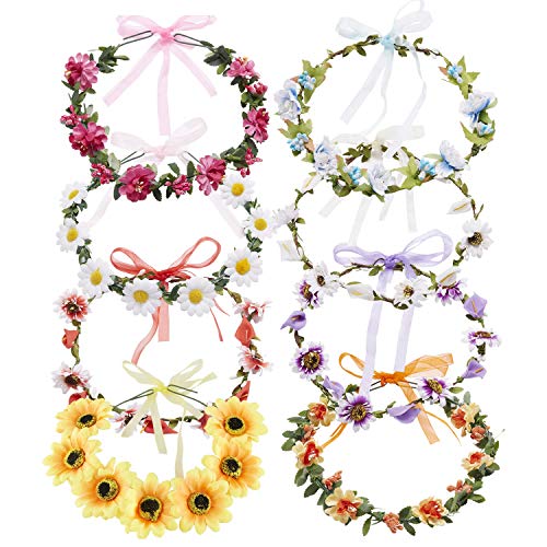 Lawie 8 Pack Boho Flower Crowns Floral Wreath With Ribbon Halo Headbands Garland Wedding Bridal Bridesmaid Headpiece Tiara Sunflower Daisy Rose Hairbands Hawaiian Party Accessories for Kids Women Girl - Thumbnail 7