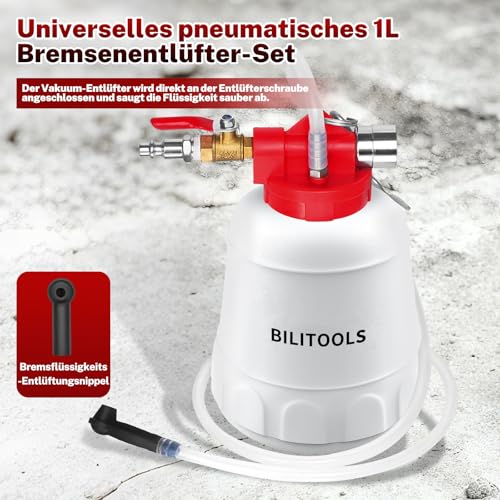 BILITOOLS 1L Universal Brake Bleeding Device Motorcycle & Car - Compressed Air Vacuum Brake Fluid Changer - Professional Brake Bleeding Set Including 4 Adapters