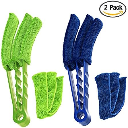 Wikor Window Blinds Cleaner Duster Brush for Air Conditioner Window Shades Blinds 2 Pack with 4 Microfiber Sleeves Removable (Blue &amp; Green)