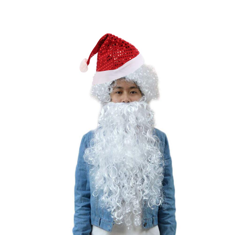 Adults Father Christmas Hat Wig And Beard Set Xmas Santa Claus Hat With Sequin Santa Wig Long Curly Beard Christmas Santa Claus Costume Accessory Props Fancy Dress For Christmas Party Masquerade