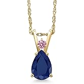 Gem Stone King 14K Yellow Gold Blue Sapphire and Pink Lab Grown Diamond Pendant Necklace for Women | 0.91 Cttw | Gemstone September Birthstone | Pear Shape 7X5MM | With 18 Inch Chain