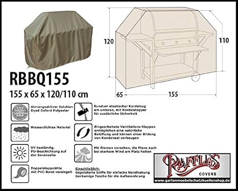 Raffles Covers RBBQ155 BBQ Grill Abdeckhaube 155 x 65 H: 120/110 cm Wetterschutzhülle für Grill, Abdeckplane BBQ