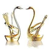 HQdeal Luxury Swan Forks and Spoons Set Serving Spoons Forks 14 pcs Stainless Steel- Golden