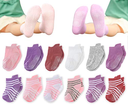 Dicry Girls Ankle Socks Grips Baby Toddler Kids Non Slip Anti Skid 12 Pairs, Stripes Solid, 12-36 Months (Size 4-8)
