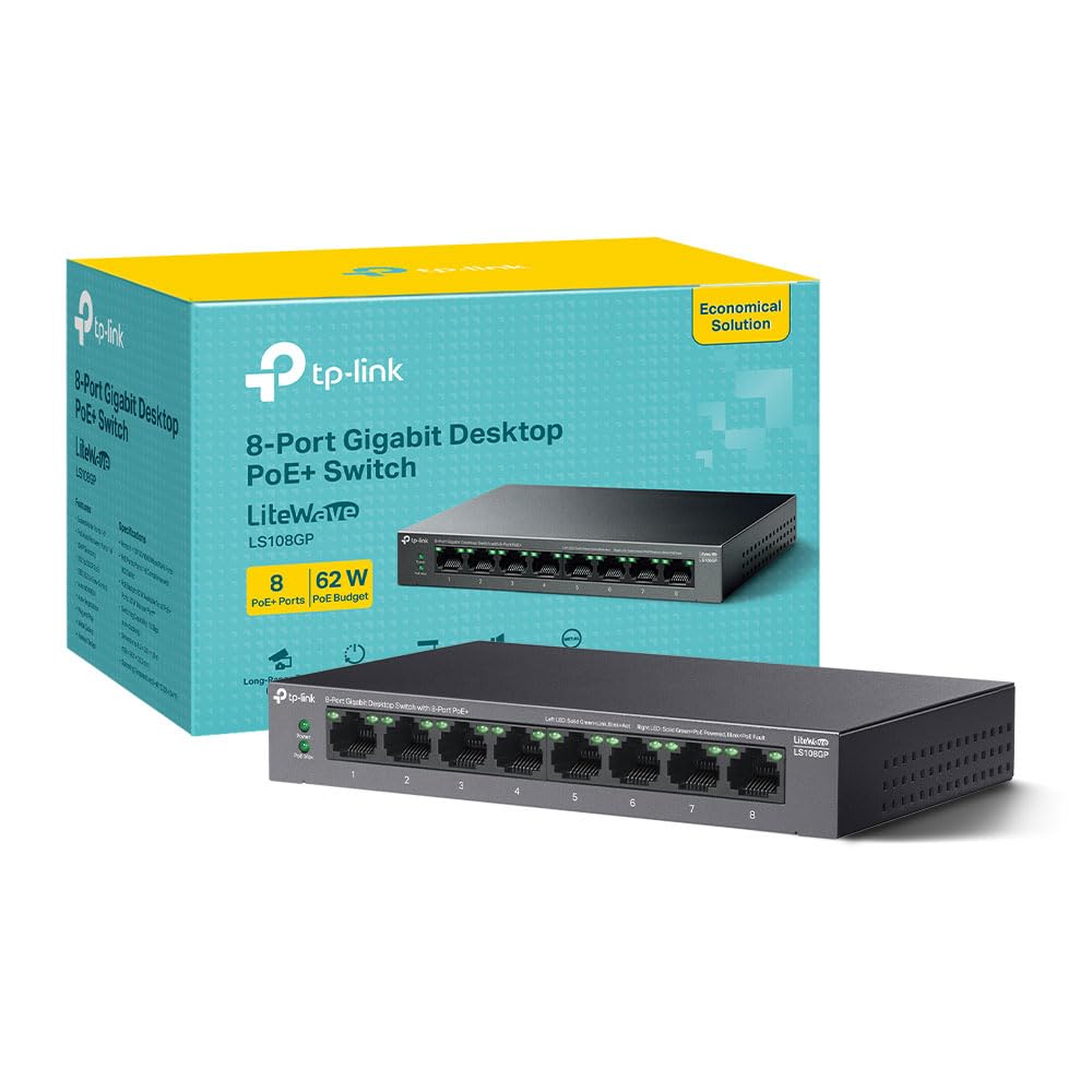 TP-Link LS108GP 8 Port Full Gigabit PoE+ Switch, Network Switch, Power Saving, Plug & Play, Metal Case, Ethernet Switch, 802.3af/at 30W, 62W Total Budget, Ethernet Splitter, Silent Operation