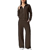 QINSEN Women's Cotton 2 Piece Outfits Lapel Long Sleeve Zip Up Sweatshirt Wide Leg Pants Matching Tracksuit Sets