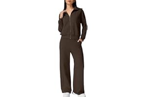 QINSEN Women's Cotton 2 Piece Outfits Lapel Long Sleeve Zip Up Sweatshirt Wide Leg Pants Matching Tracksuit Sets
