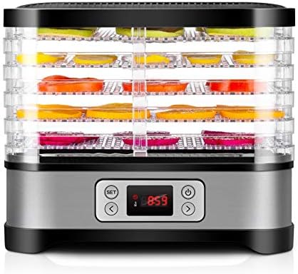 GCSJ Electronic Version Food Dehydrator, 5 Stackable Trays, with Digital Timer 72h & Temperature Control 35~70°C, Fruit Meat Dryer Machine, BPA-Free, 250W