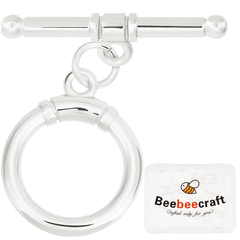 Beebeecraft 10Pcs 925 Sterling Silver Plated Brass Toggle Clasps T-bar Closure Round Claps Connectors with Jump Rings for Necklaces Bracelets Making