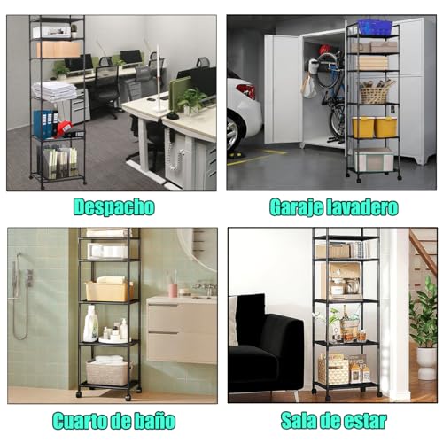 Estante de metal de 6 niveles con ruedas, fácil de montar, puede almacenar microondas, utensilios de cocina, aperitivos, adecuado para el cuarto de baño, oficina y cocina estante de almacenamiento