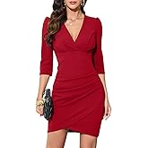 IHOT Women's 2026 Sexy V Neck 3/4 Sleeve Faux Wrap Ruched Sheath Bodycon Casual Party Cocktail Work Dress