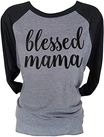 Loaded Lids Women's Mom, Blessed Mama, Sparkle Finish 3/4 Sleeve Baseball Style T-Shirt (SoftBlack/Grey/Black, Medium)