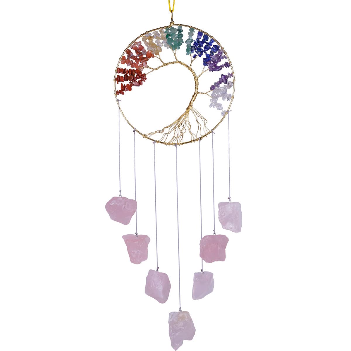Nupuyai Rose Quartz Crystal Stone Tree of Life Hanging Ornament, Energy Healing Irregular Raw Stone Wall Window Wedding Home Decor