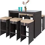 Best Choice Products 7-Piece Outdoor Rattan Wicker Bar Dining Patio Furniture Set w/Glass Table Top and 6 Stools, Brown