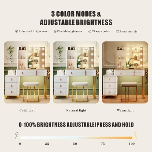 Dystle Makeup Vanity Desk with Mirror & Lights, Vanity Table with 5 Drawers, 2 Shelves, Vanity Set for Bedroom, Dressing Table with LED Lights, Vanity Gifts for Girls Lady (A-White)