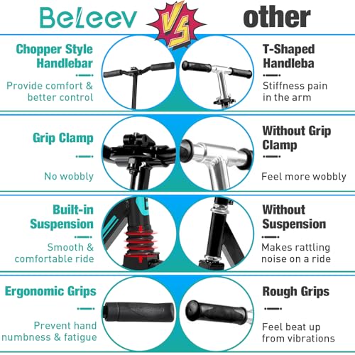 BELEEV Scooter for Kids Ages 6+, 200mm Big Wheel Adult Scooters for Boys and Girls, 4 Adjustable Handlebar, Front Suspension, 2 Wheels Scooter with Carry Strap, up to 100Kg