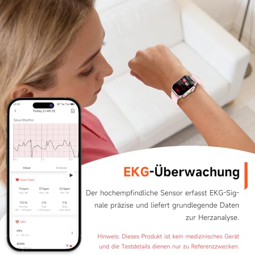 Women's Smartwatch with ECG/Sleep Monitor/BMI/HRV/LED Light, 2.0 Inch Health Watch with 24H Blood Pressure Monitor, Heart Rate Monitor, Uric Acid, Body Temperature, SpO2, Menstrual Cycle, SOS