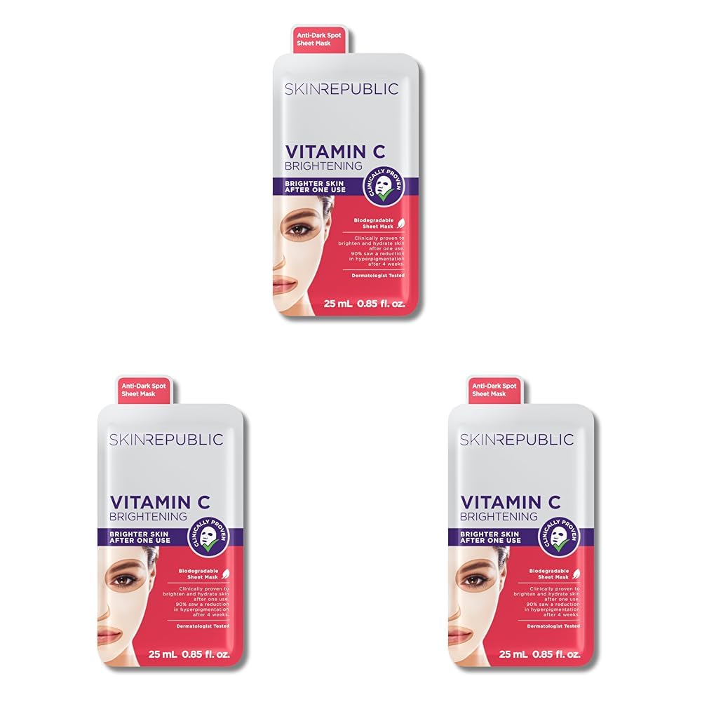 Skin Republic Vitamin C Brightening Sheet Face Mask | Helps brighten and even skin tone | For a Radiant Complexion (Pack of 3)