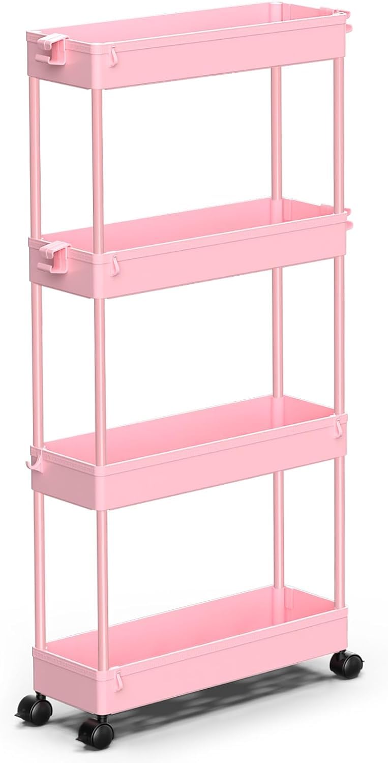 Photo 1 of SPACEKEEPER Slim Rolling Storage Cart 4 Tier Bathroom Organizer Utility Cart Mobile Shelving Unit Tower Rack for Kitchen, Laundry Room, Bathroom, Narrow Places, Pink